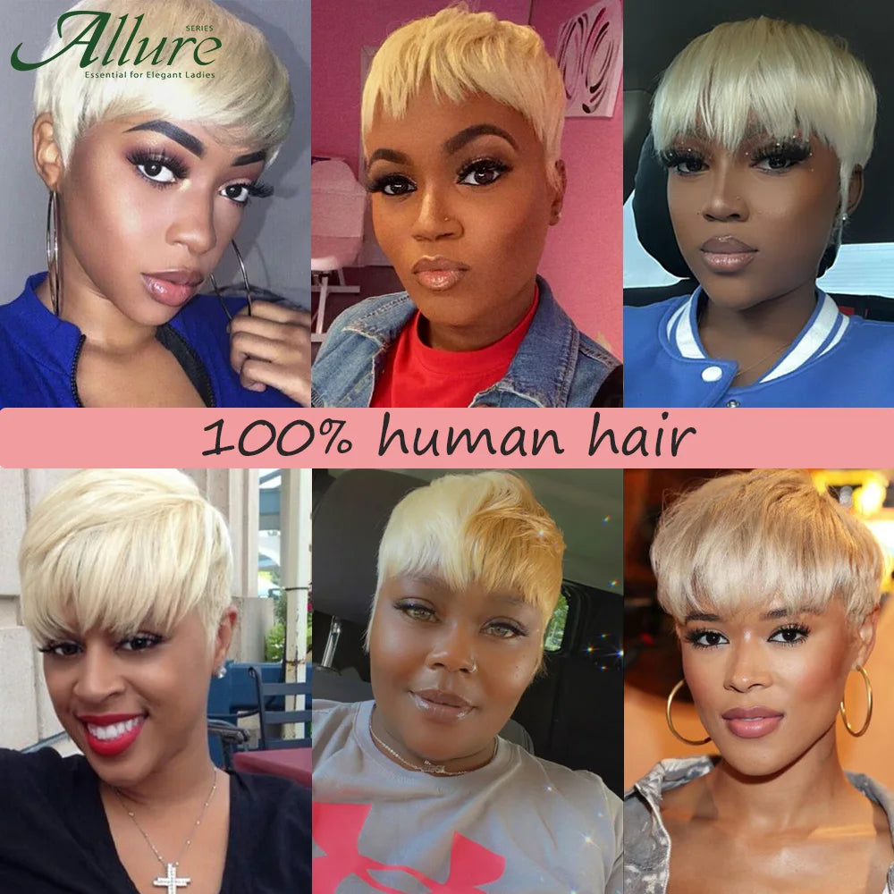 Short Blonde Pixie Cut Bob Human Hair Wigs Black Women Straight Colored 613 Pixie Wigs With Bangs Glueless Brazilian Hair Allure