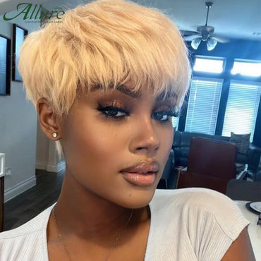 Short Blonde Pixie Cut Bob Human Hair Wigs Black Women Straight Colored 613 Pixie Wigs With Bangs Glueless Brazilian Hair Allure