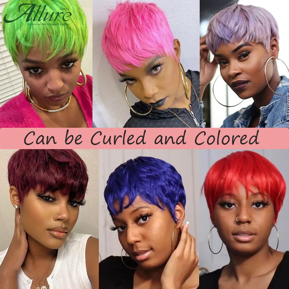 Short Blonde Pixie Cut Bob Human Hair Wigs Black Women Straight Colored 613 Pixie Wigs With Bangs Glueless Brazilian Hair Allure