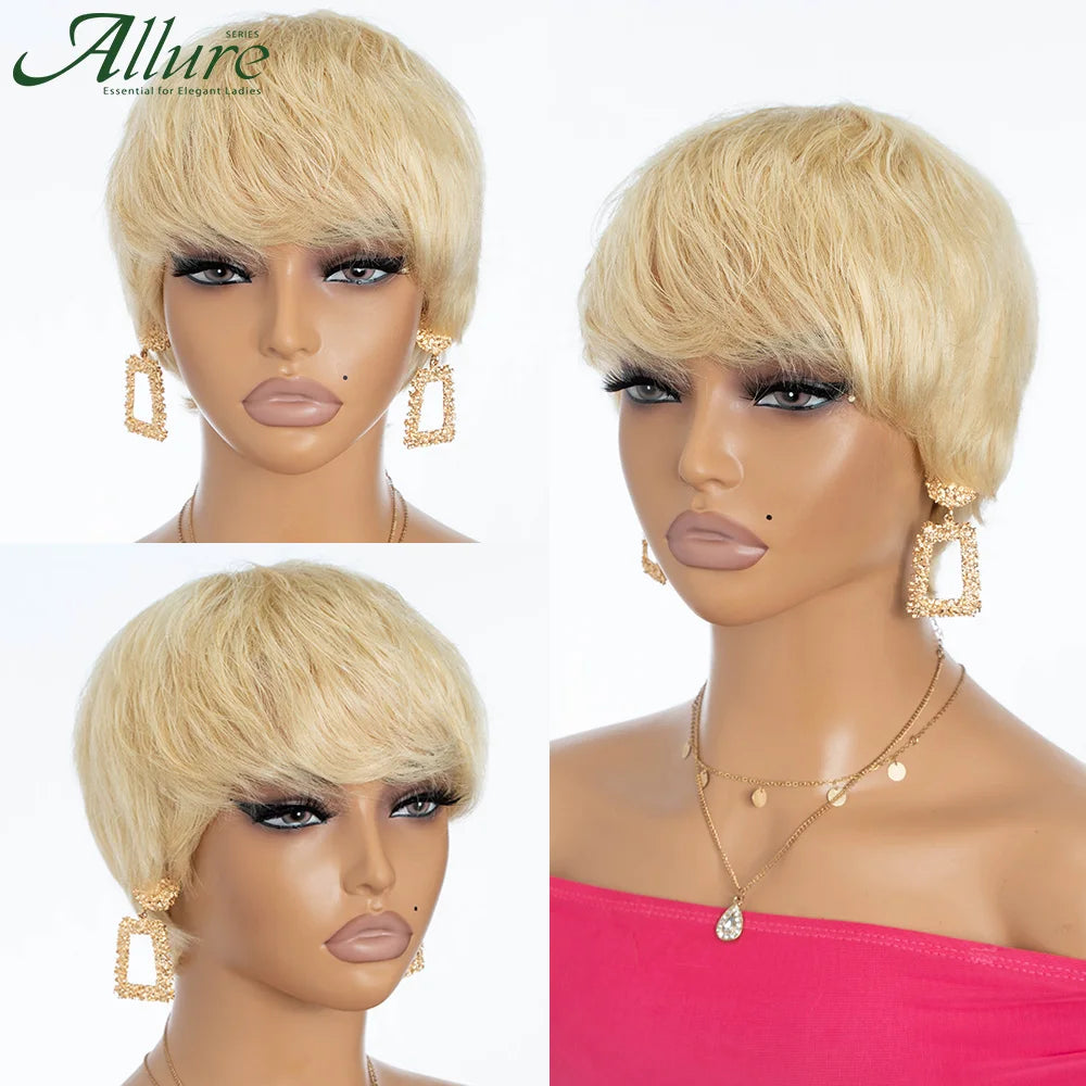 Short Blonde Pixie Cut Bob Human Hair Wigs Black Women Straight Colored 613 Pixie Wigs With Bangs Glueless Brazilian Hair Allure