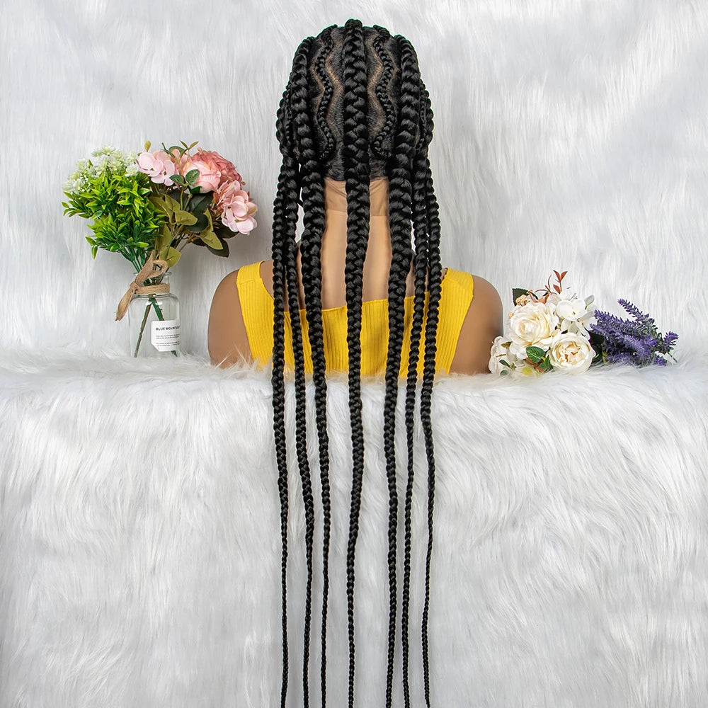 New Style 36 Inches Synthetic Full Lace Frontal Cornrow Box Braided Wigs with Baby Hair for African Women Braiding Hair