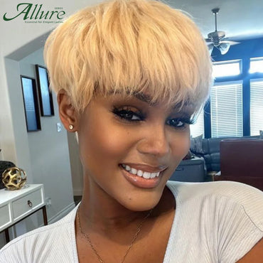 Short Blonde Pixie Cut Bob Human Hair Wigs Black Women Straight Colored 613 Pixie Wigs With Bangs Glueless Brazilian Hair Allure