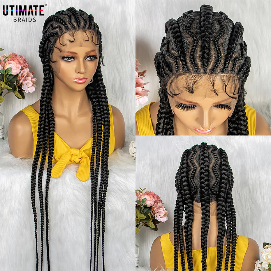 New Style 36 Inches Synthetic Full Lace Frontal Cornrow Box Braided Wigs with Baby Hair for African Women Braiding Hair