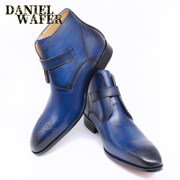 Luxury Men's Boots Genuine Leather Basic Ankle Boot Men Dress Shoes Black Blue Pointed Toe Slip On Buckle Strap Casual Men Boots