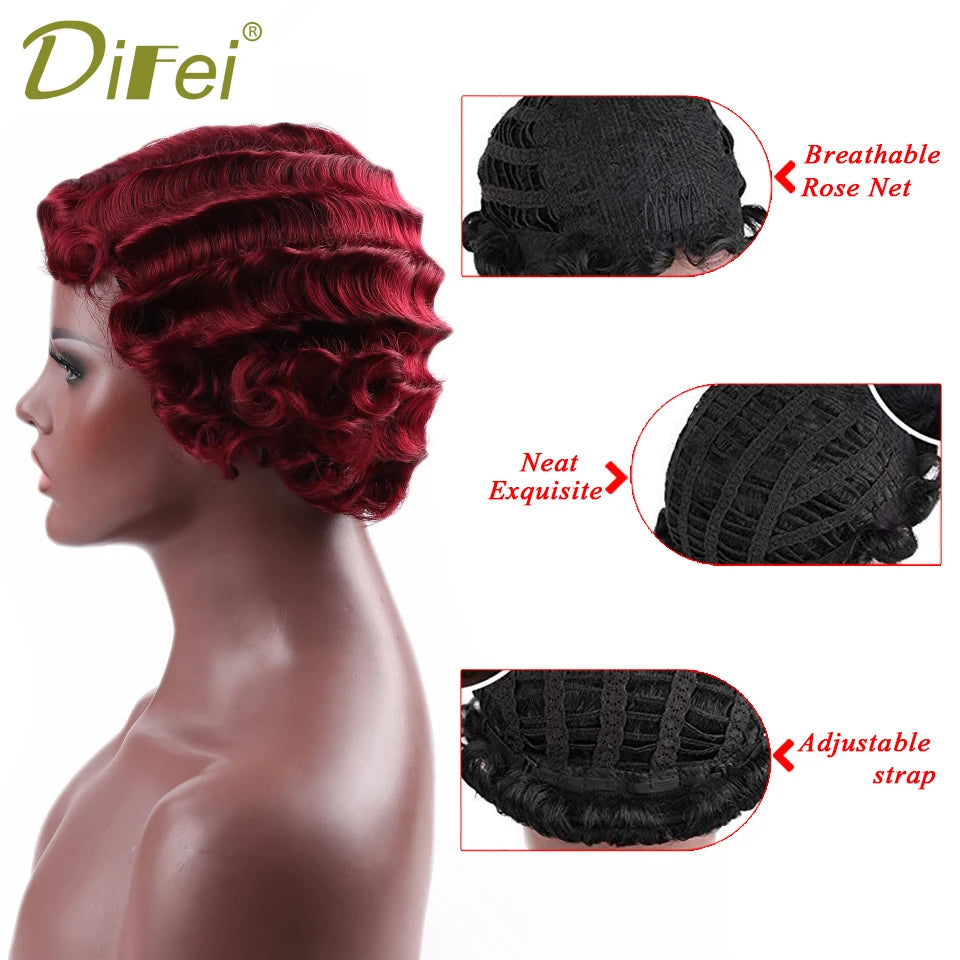 DIFEI Short Finger Wave Wig Cosplay Hair 6Inches Vintage Synthetic Wigs For Women Black Purple 613 Heat Resistant Hair