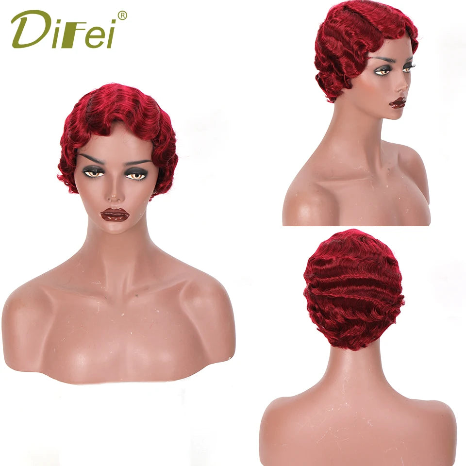 DIFEI Short Finger Wave Wig Cosplay Hair 6Inches Vintage Synthetic Wigs For Women Black Purple 613 Heat Resistant Hair