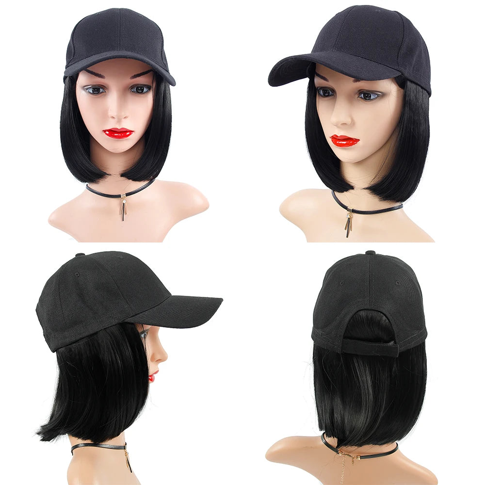 Baseball Cap Short Wigs curly Black Hair Wig for Women Heat Resistant Fiber Synthetic Bob Wigs