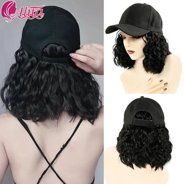 Baseball Cap Short Wigs curly Black Hair Wig for Women Heat Resistant Fiber Synthetic Bob Wigs