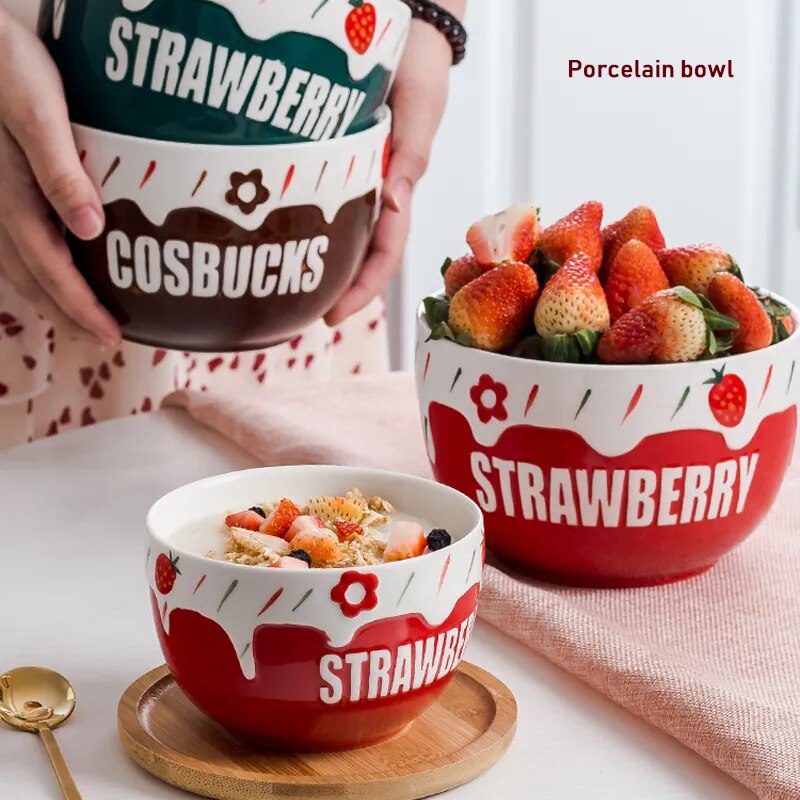Salad Ceramic Bowls Hand Paint Strawberry Bowl Pasta Fruit Cuit Cereal Bowl Strawberry Salad Bowl Tableware Kitchen Cooking Tool