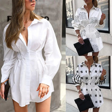 Casual Dresses Letter Print Sexy Mini Short Shirt Dress Women Summer White Long Sleeve Party Club Wear Elegant body-con Apparel