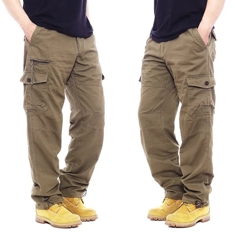 Simple cotton overalls men's casual pants elastic waist plus size pants multi-pocket slacks site pants