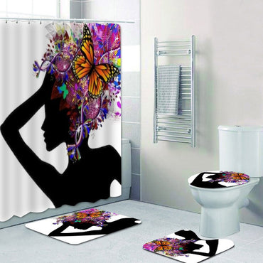 Floral African American Woman Shower Curtains Set Beautiful Black Girl with Flowers Butterflies Hairstyles Bath Mats Rugs Decor