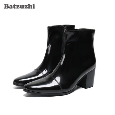 Batzuzhi Pointed Toe Leather Dress Boots Men 7CM High Heel Men Boots Zip Black Business Leather Ankle Boots Bota Masculina!