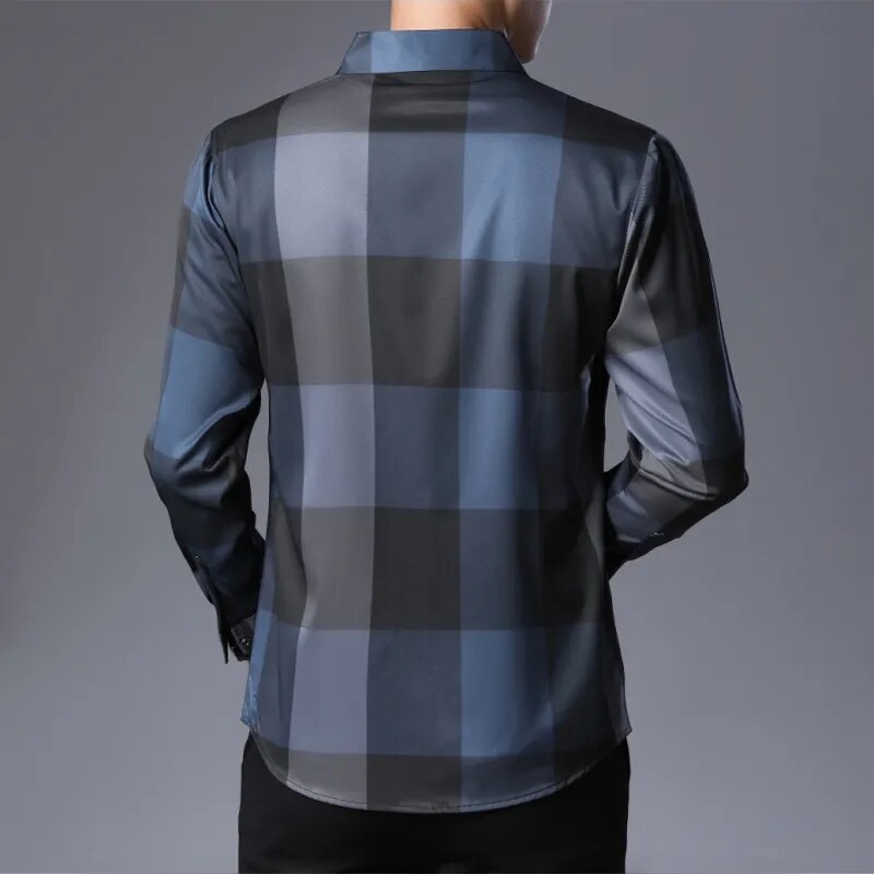 MIACAWOR New 2023 New Dress Shirt Men Spring Long Sleeve Plaid Shirts Silk Slim Fit Camisa Masculina Casual Men Shirts C576