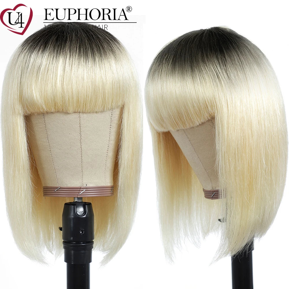 Blonde 613 Straight Hair Bob Wigs Brazilian Remy Human Hair Full Machine Non Lace Wigs With Bangs Ombre Platinum 8-28In EUPHORIA