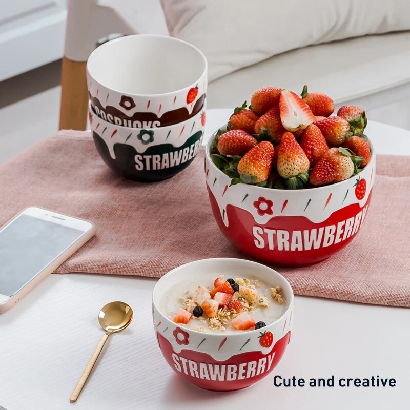 Salad Ceramic Bowls Hand Paint Strawberry Bowl Pasta Fruit Cuit Cereal Bowl Strawberry Salad Bowl Tableware Kitchen Cooking Tool