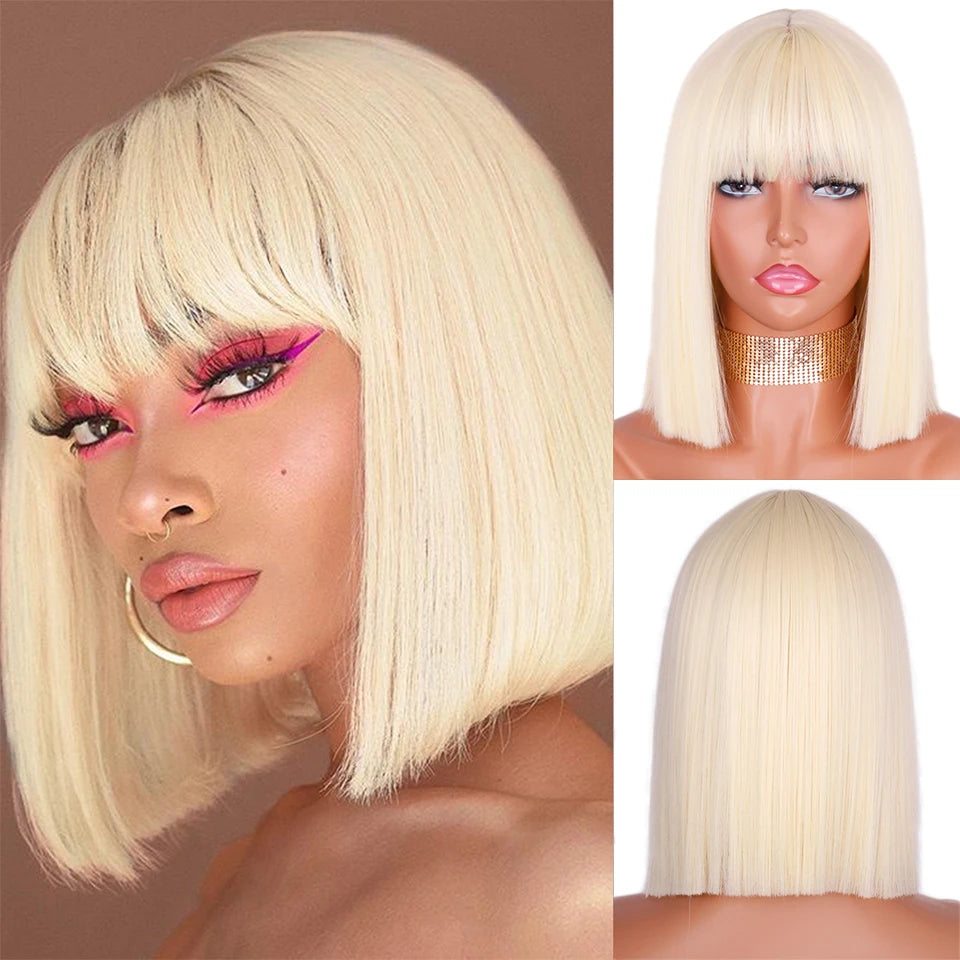 Synthetic Blonde Wig with Bangs Short Wigs for Women Golden Wig Straight Bob Wig Natural Heat Resistant Wigs 11 Inches for Party