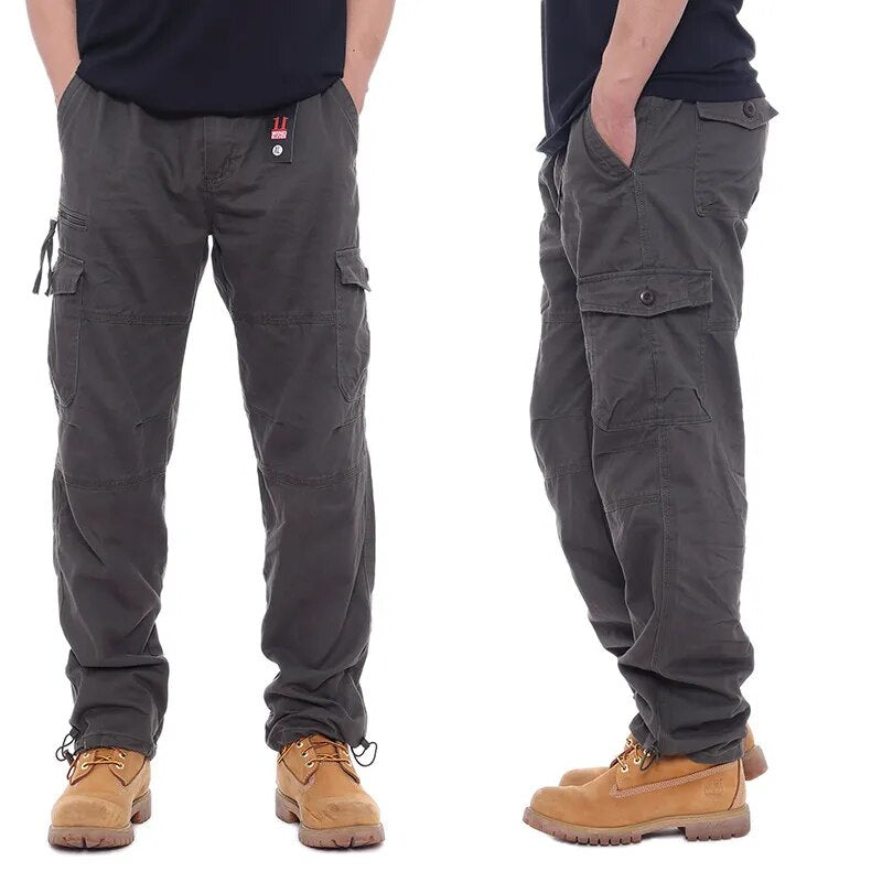 Simple cotton overalls men's casual pants elastic waist plus size pants multi-pocket slacks site pants