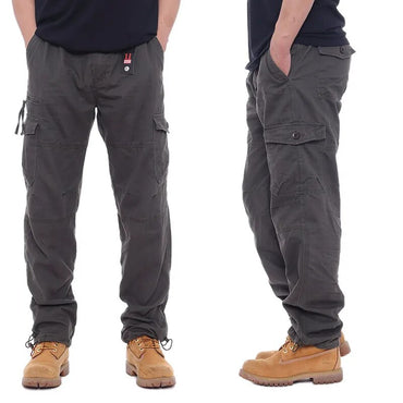 Simple cotton overalls men's casual pants elastic waist plus size pants multi-pocket slacks site pants