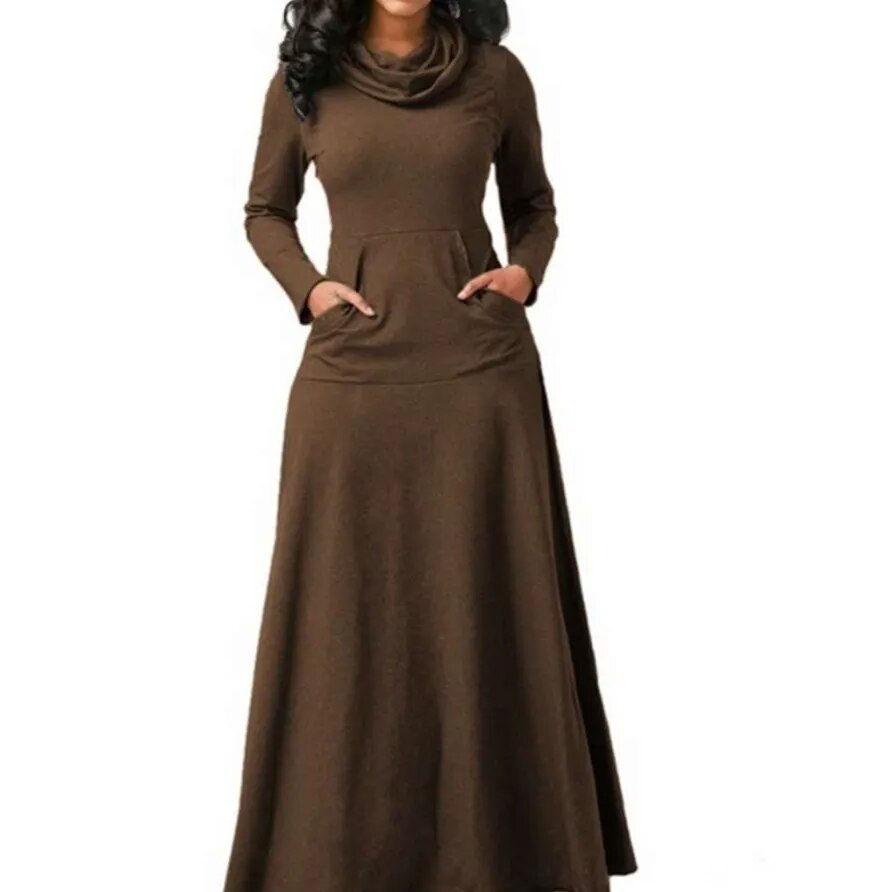 New Styl Autumn And Winter Solid Color Stitching With Pockets Scarf Expandable Slim Fit Long Dress