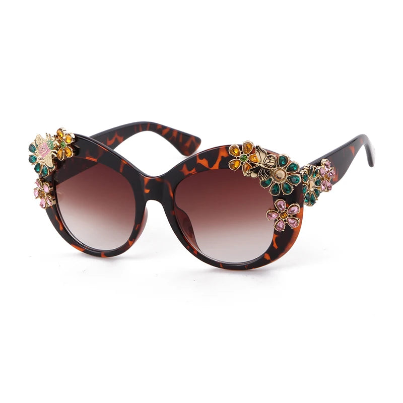 80S Women Oversized Flower Diamond Sunglasses Luxury Brand Designer Retro Vintage Cat Eye Rhinestone Shades Sun Glasses
