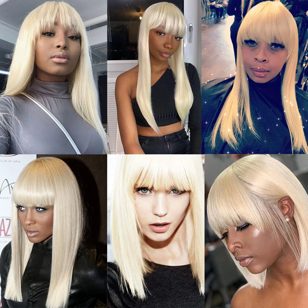 Blonde 613 Straight Hair Bob Wigs Brazilian Remy Human Hair Full Machine Non Lace Wigs With Bangs Ombre Platinum 8-28In EUPHORIA