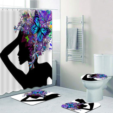 Floral African American Woman Shower Curtains Set Beautiful Black Girl with Flowers Butterflies Hairstyles Bath Mats Rugs Decor