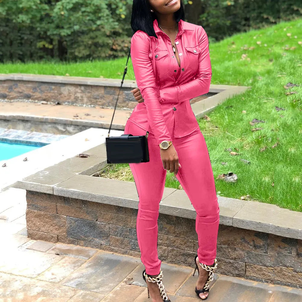 5 color S-XXXL Winter Overalls PU Leather shirt+Pencil pant tracksuit fashion sexy women set two pieces Jumpsuit casual Outfits