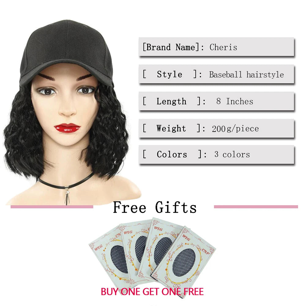 Baseball Cap Short Wigs curly Black Hair Wig for Women Heat Resistant Fiber Synthetic Bob Wigs