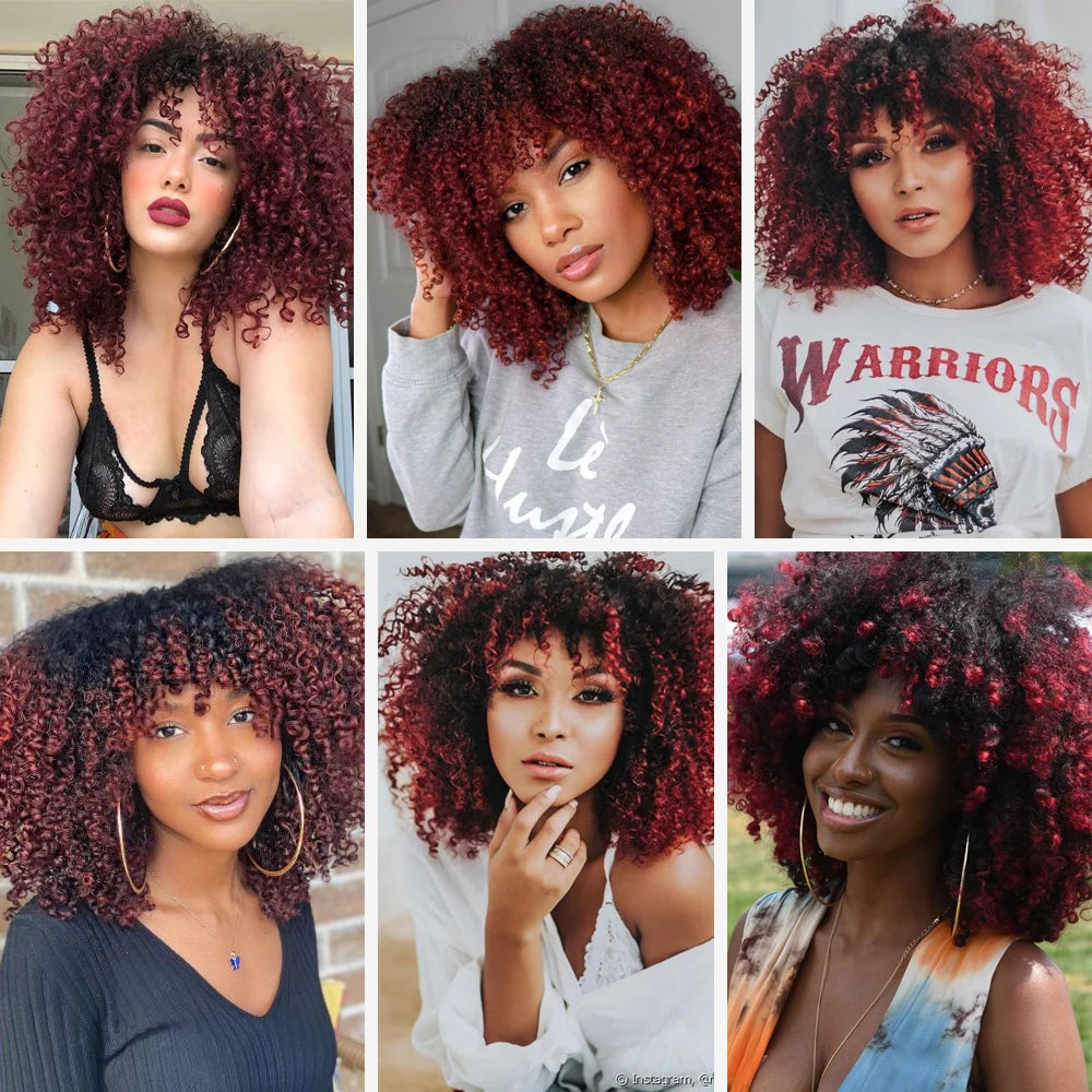 LINGHANG Short Hair Afro Kinky Curly Wigs With Bangs For Black Women African Synthetic Omber Glueless Cosplay Wigs Gradient Hair