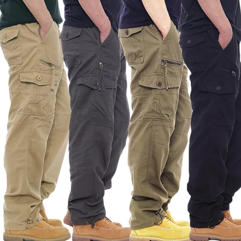 Simple cotton overalls men's casual pants elastic waist plus size pants multi-pocket slacks site pants