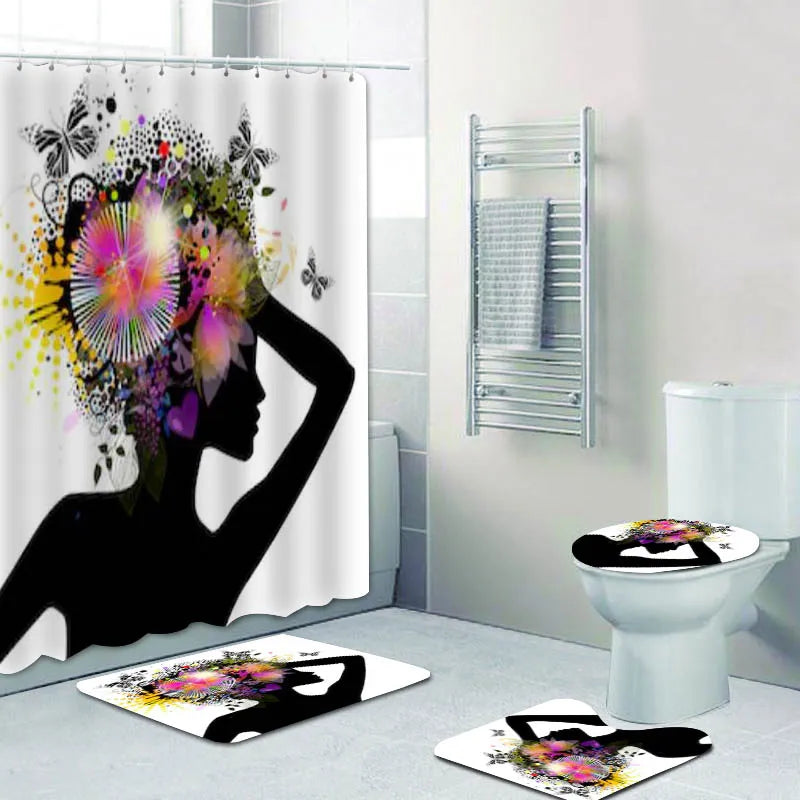 Floral African American Woman Shower Curtains Set Beautiful Black Girl with Flowers Butterflies Hairstyles Bath Mats Rugs Decor