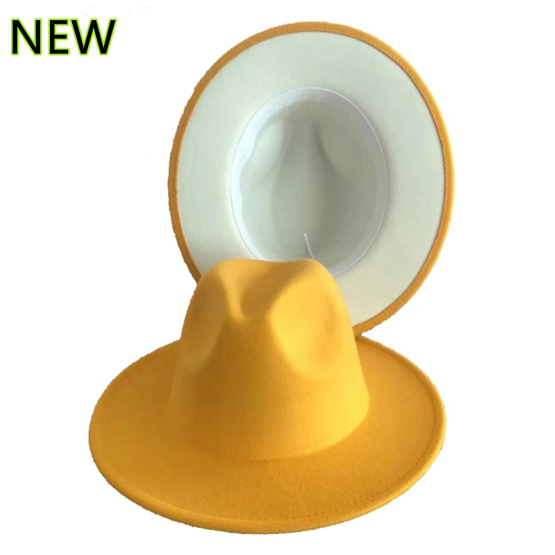 Two-tone fedora hat autumn and winter unisex fashion warm jazz top hat wide brim straight side Panama church hat