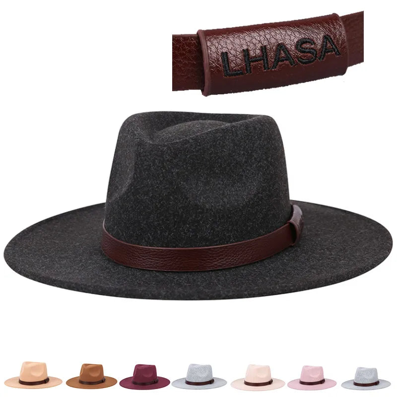 Fedora hat autumn and winter new top hat Tibet LHASA logo two-tone cashmere European and American 9cm brim jazz hat