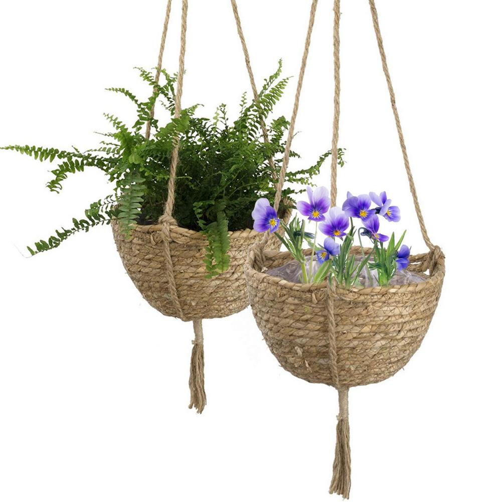 Natural Hand-woven Hanging Planter Basket Flower Pot Wall Mount Plant Holder Home Decoration For Kitchens Bathrooms Windows