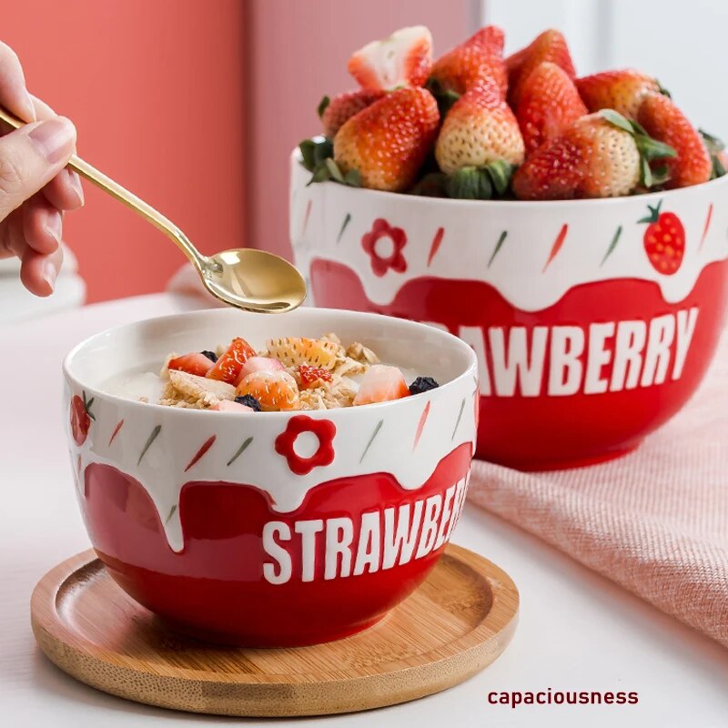 Salad Ceramic Bowls Hand Paint Strawberry Bowl Pasta Fruit Cuit Cereal Bowl Strawberry Salad Bowl Tableware Kitchen Cooking Tool