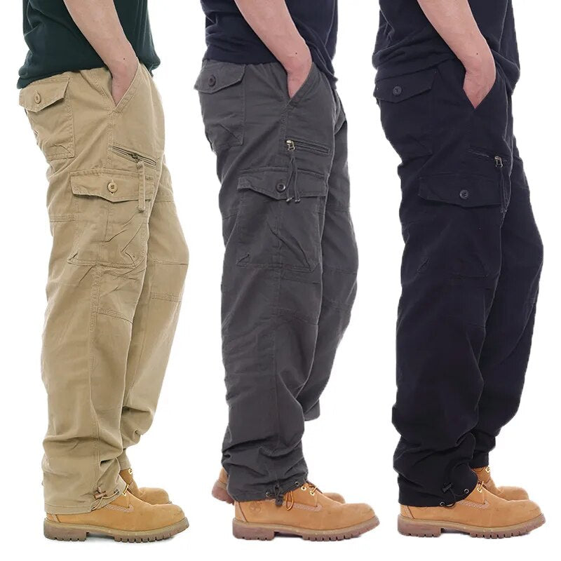 Simple cotton overalls men's casual pants elastic waist plus size pants multi-pocket slacks site pants