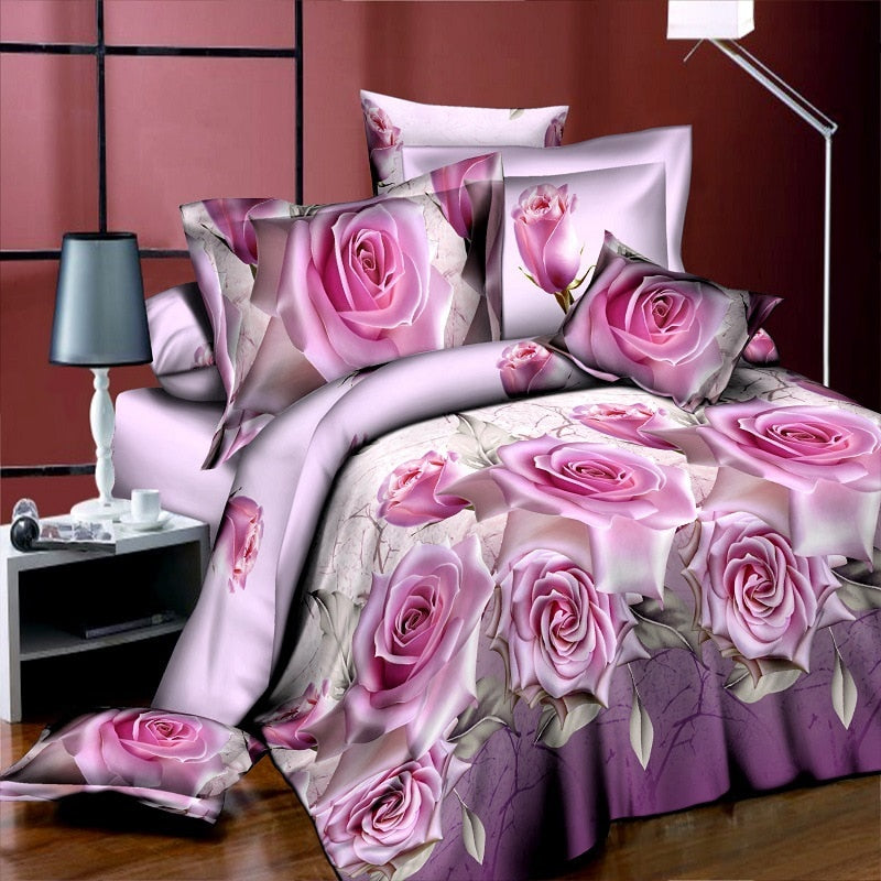 New Style White Red Flower 3D Bedding Set of Duvet Cover Bed Sheet Pillowcase Bed Clothes Comforters Cover Queen No Quilt  5