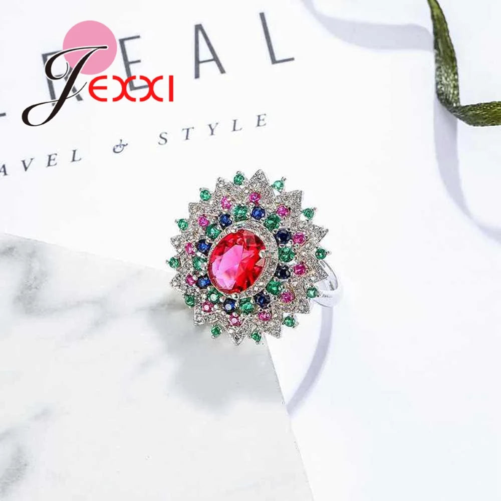 Mystery Colorful Clear Cubic Zirconia Flower Finger Rings 925 Sterling Silver Jewelry for Women Bridal Wedding