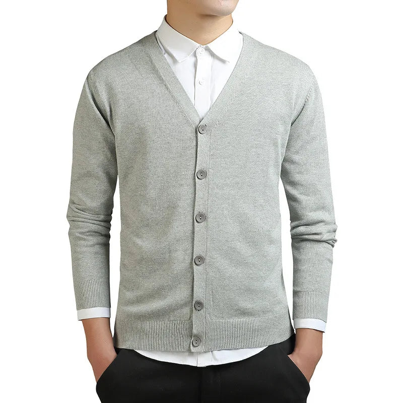 New 100% Cotton Sweater Men Long Sleeve Cardigan Mens V-Neck Sweaters Loose Solid Button Fit Knitting Casual Style Clothing