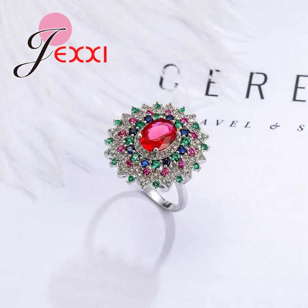Mystery Colorful Clear Cubic Zirconia Flower Finger Rings 925 Sterling Silver Jewelry for Women Bridal Wedding