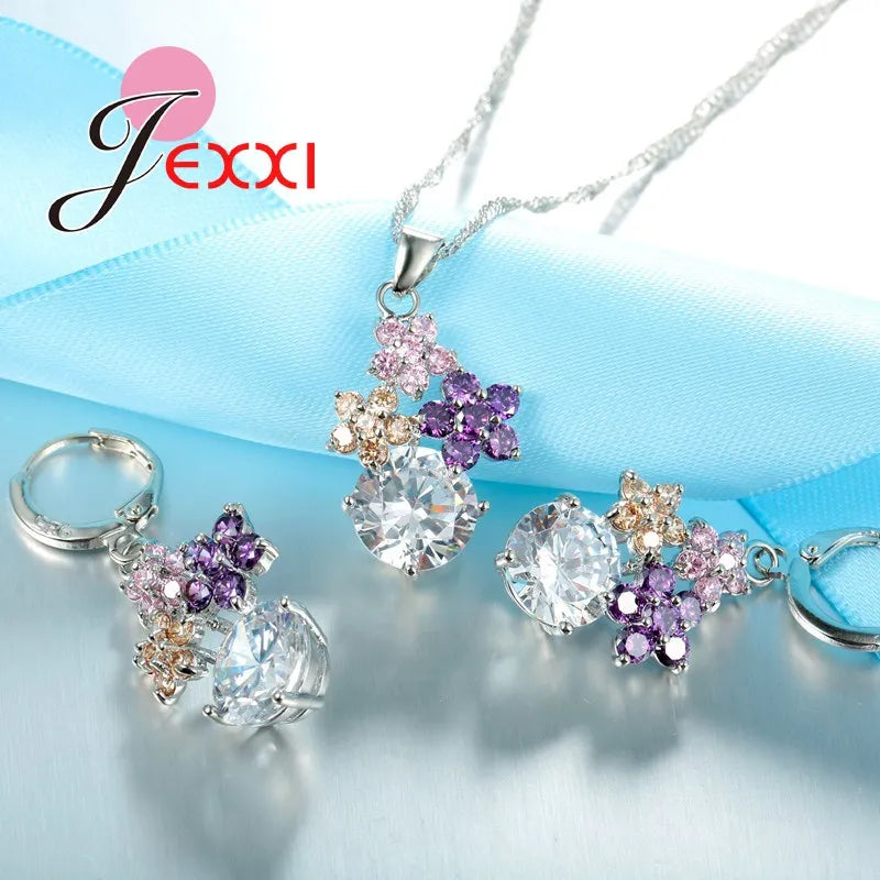 Fine Fashion 925 Sterling Silver  Jewelry Set For Women Bridal Wedding Accessory Mixed Austrain Crystal Jewelry Set