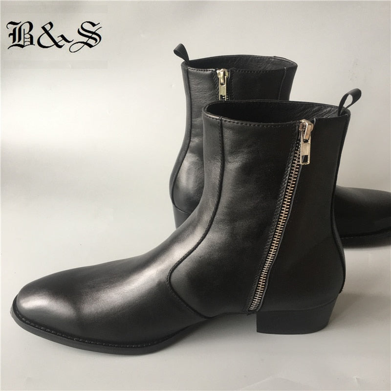 Black& Street New Slim Fit  wedge Luxury genuine Leather Chelsea Zipper Boots 4cm heel High Men Dress wedding business Boots