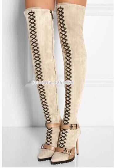 ALMUDENA Sale Beige Black Suede High Boots Pointed Toe Buckle Strap Over-the-knee Long Boots Cross Strap Lace-up Thigh Boots