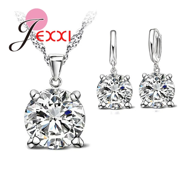 925 Sterling Silver Jewelry Sets 4 Claws Cubic Zirconia CZ Pendant Necklace Earring Fashion Jewelry For Women SET