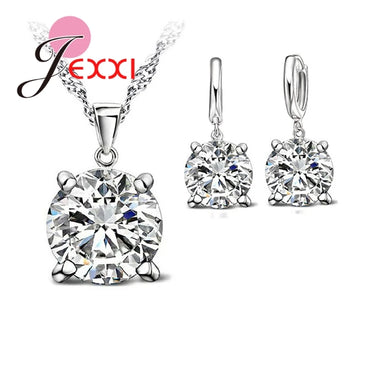 925 Sterling Silver Jewelry Sets 4 Claws Cubic Zirconia CZ Pendant Necklace Earring Fashion Jewelry For Women SET