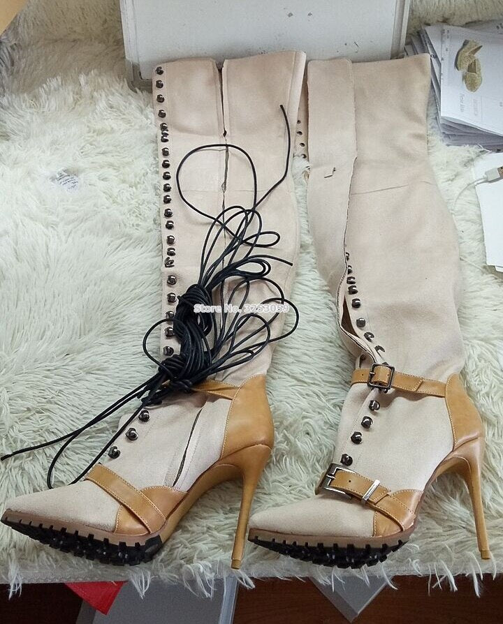 ALMUDENA Sale Beige Black Suede High Boots Pointed Toe Buckle Strap Over-the-knee Long Boots Cross Strap Lace-up Thigh Boots