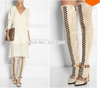 ALMUDENA Sale Beige Black Suede High Boots Pointed Toe Buckle Strap Over-the-knee Long Boots Cross Strap Lace-up Thigh Boots