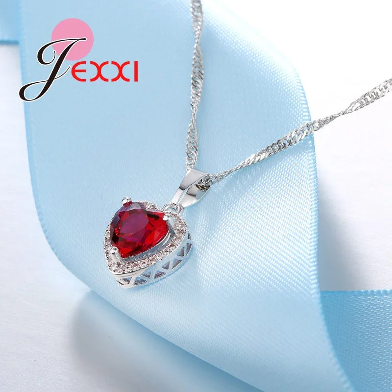 New Arrival Fashion 925 Sterling Silver Jewelry Set Charm Red Heart Necklace + Earrings + Ring Sets Wholesale