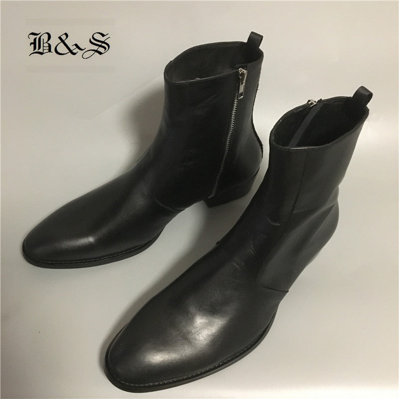 Black& Street New Slim Fit  wedge Luxury genuine Leather Chelsea Zipper Boots 4cm heel High Men Dress wedding business Boots